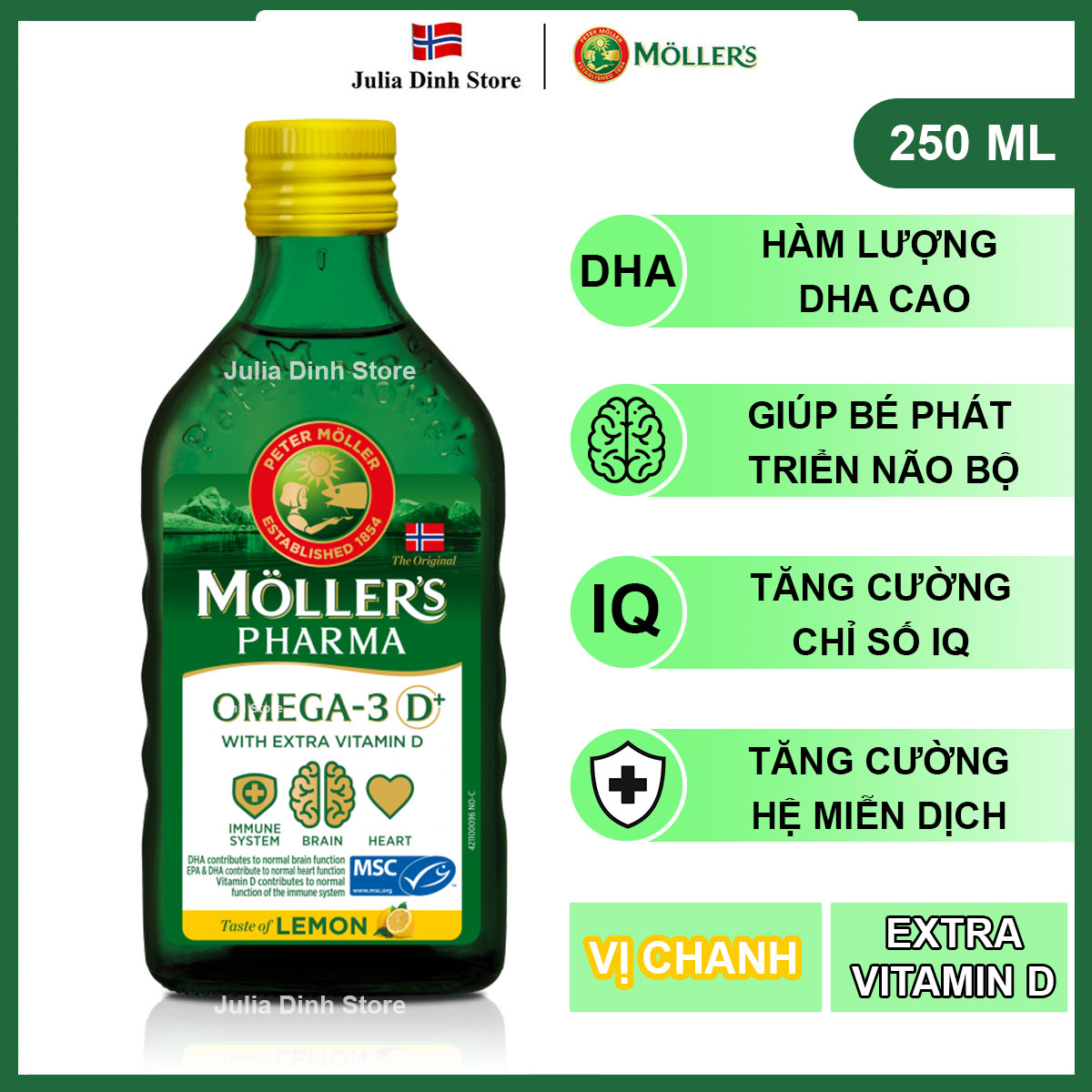 Dầu gan cá tuyết omega 3 mollers pharma tran d+ nội địa na uy - hương vị chanh