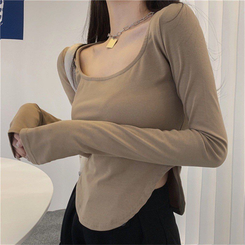 Áo thun kiểu nữ dài tay cổ vuông vạt đuôi tôm dáng ngắn sexy dễ phối mọi outfit thu đông GUUHOUSE