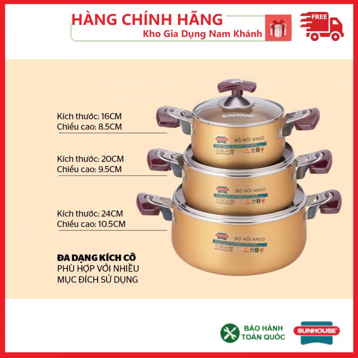 Bộ Nồi Anod Sunhouse SH6634 Chất Liệu Nhôm Dùng Bếp Gas Bếp Hồng Ngoại