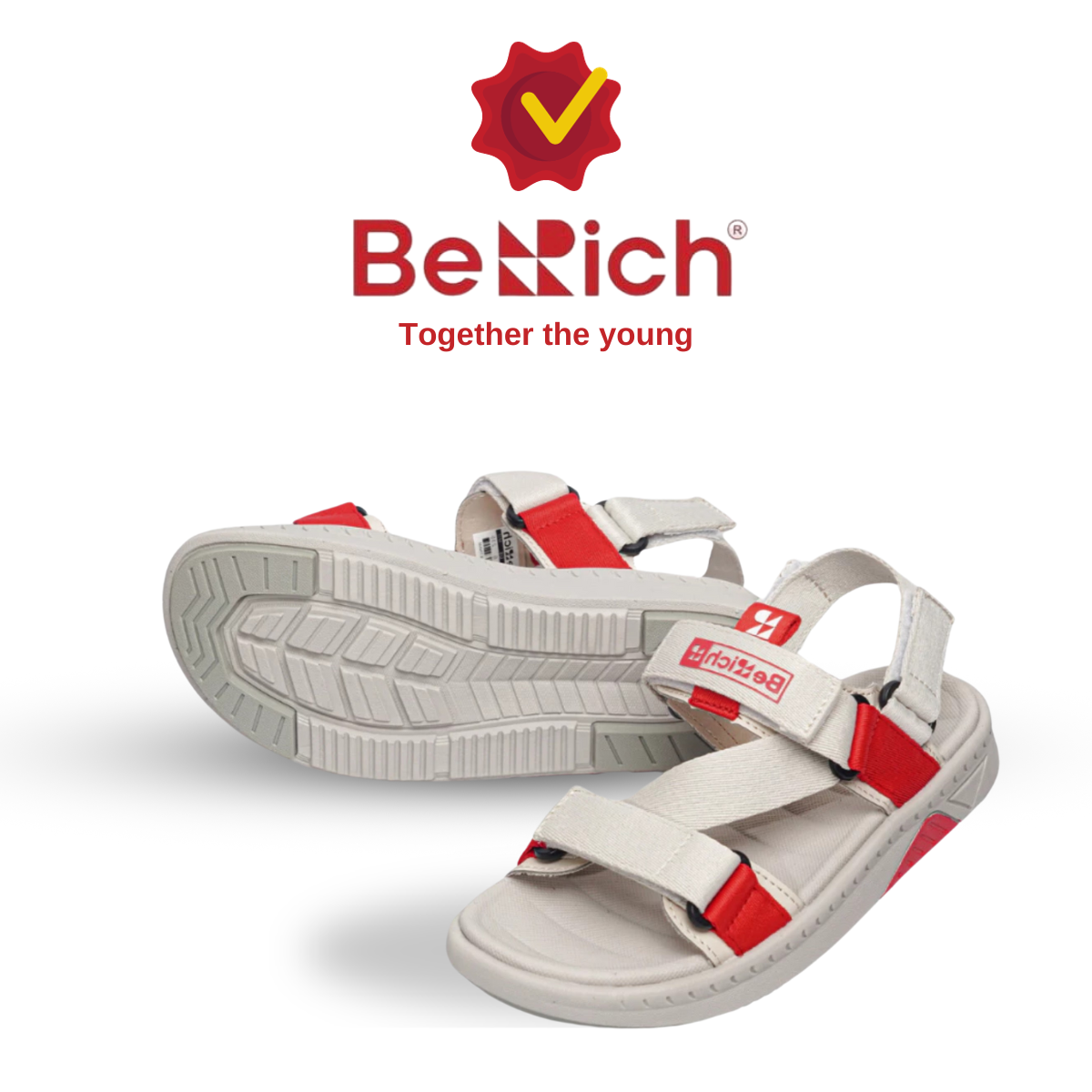 Giày sandals nam nữ berich quai chéo- màu kem phối đỏ clb04
