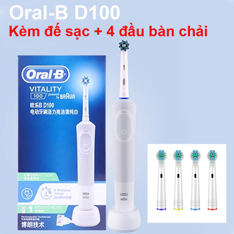 Bàn Chải Đánh Răng Điện Oral-B Vitality D100 Oral-B D100, tặng 5 đầu bàn chải, đế sạc từ, Hẹn Giờ 2-Phút, Làm Sạch Sâu Loại Bỏ 100% Mảng Bám, Bàn Chải Điện Cho Người Lớn & Trẻ Em(0502)