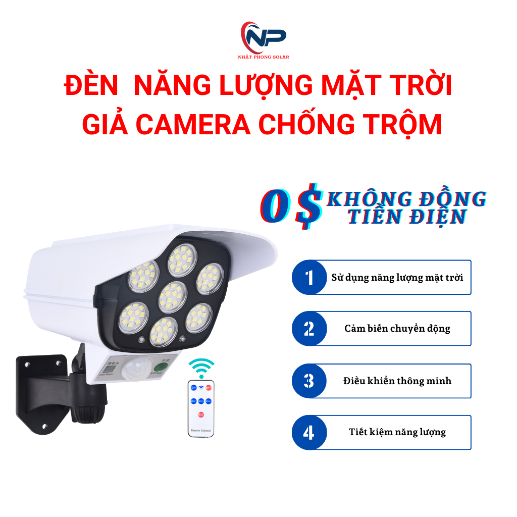 Đèn Năng Lượng Mặt Trời, Đèn Led Năng Lượng Mặt Trời nhatphongsolar Giả Cam Chống Trộm Treo Tường 77 Mắt Led, Cảm Biến Chuyển Động, Điều Khiển Từ Xa, Chống Nước IP65, quà tặng 4 nút bịt ổ cắm