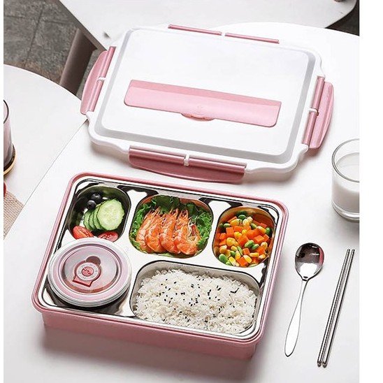 [HCM][HÀNG CHẤT LƯỢNG]-TẶNG KÈM ĐŨA MUỖNG] - KHAY ĐỰNG ĐỒ ĂN 5 NGĂN BẰNG INOX KÈM MUỖNG ĐŨA (CÓ NẮP ĐẬY) - HỘP ĐỰNG CƠM THỨC ĂN CHO DÂN CÔNG SỞ VĂN PHÒNG - HỘP CƠM NHIỀU NGĂN