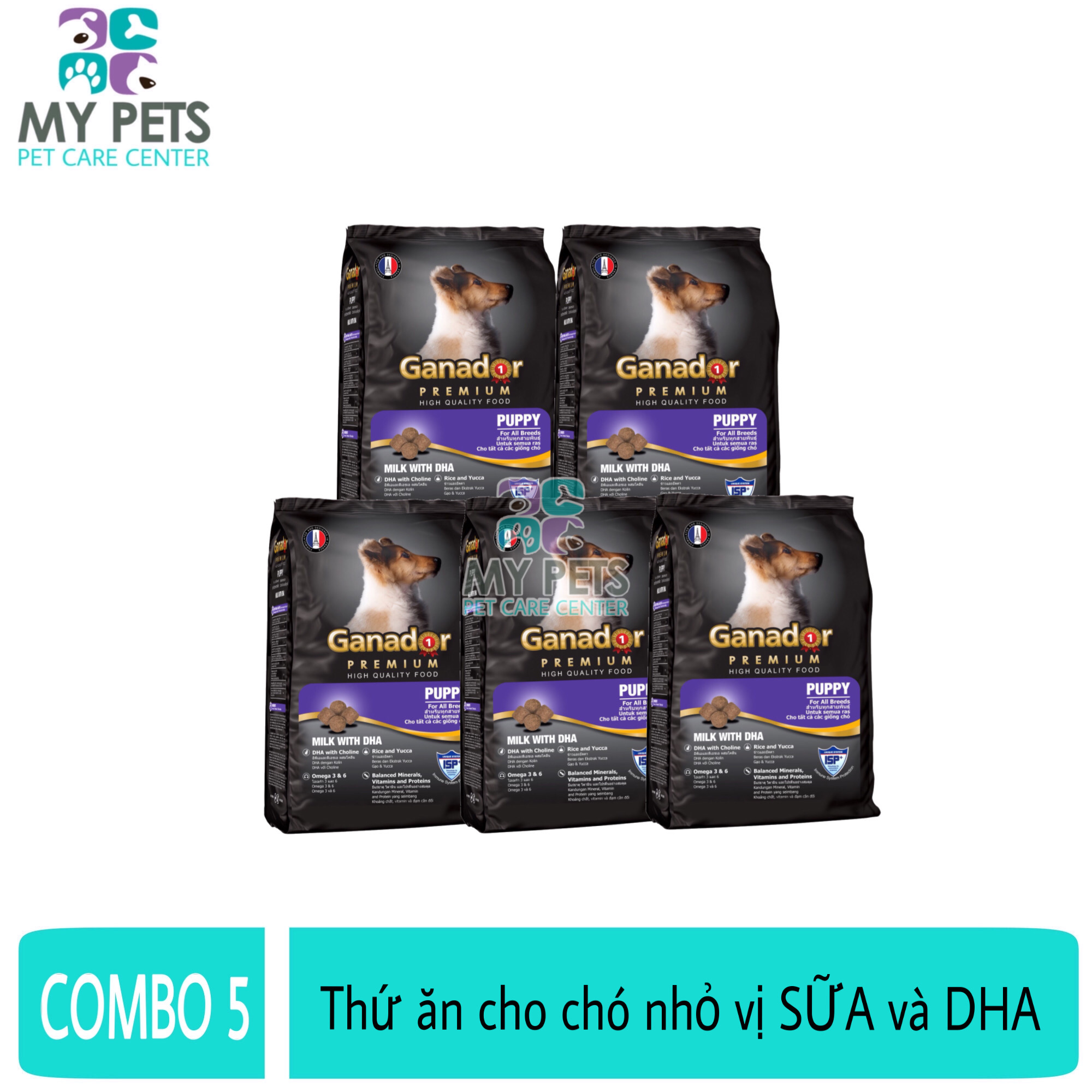 (COMBO 5 GÓI) Thức ăn cho chó nhỏ có sữa và DHA giúp chó con thông minh - Thức ăn cho chó Ganador Puppy 400g