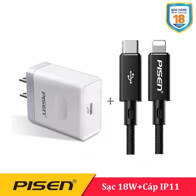 Bộ sạc cáp Pisen 18W - Cho Iphone 11 QC3.0 ( Sạc 18W + Cáp dây dù 3A Lightning&Type-C)