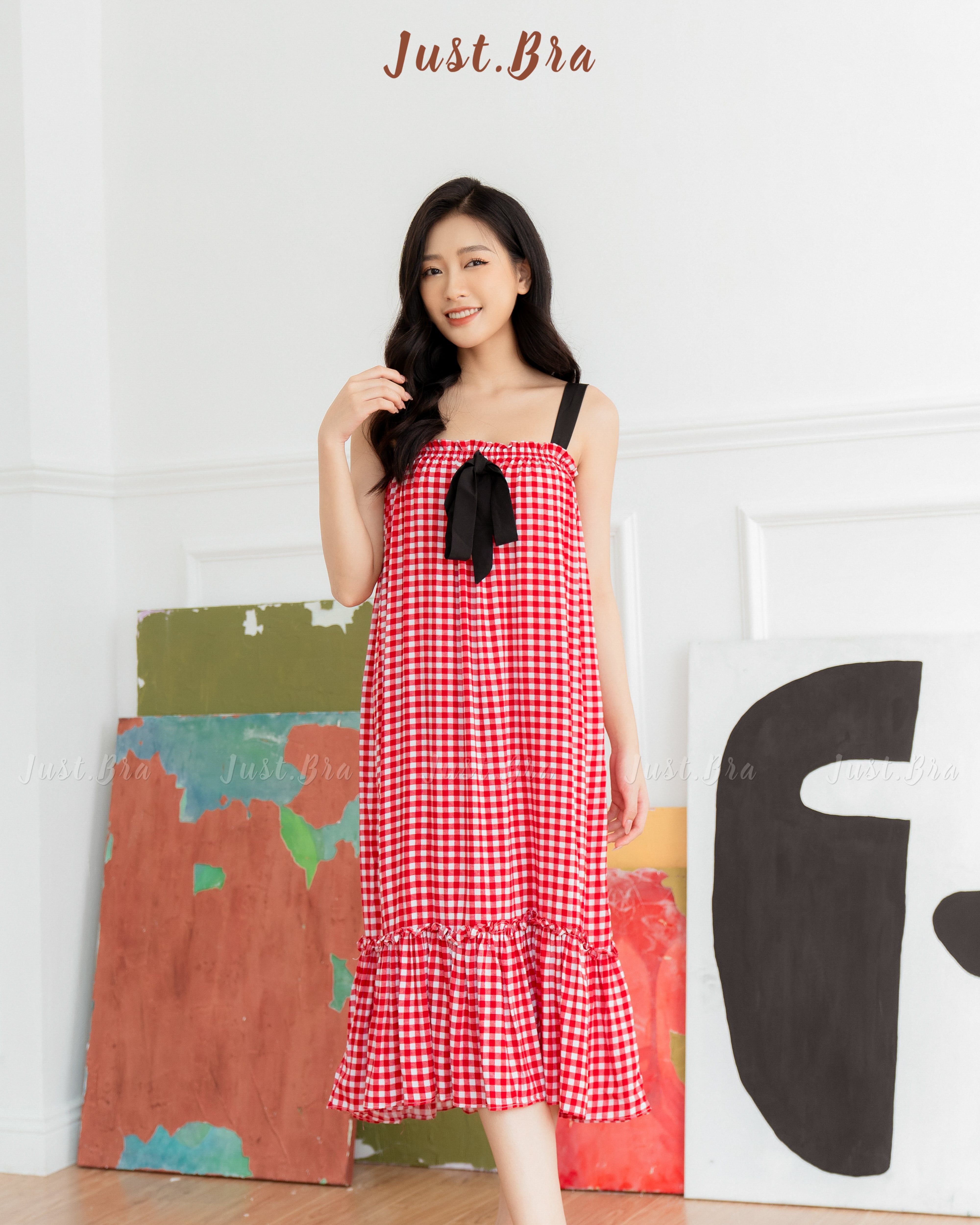 Váy ngủ 2 dây Just Bra chất liệu lanh mềm mát, phối nơ lụa dễ thương LM204