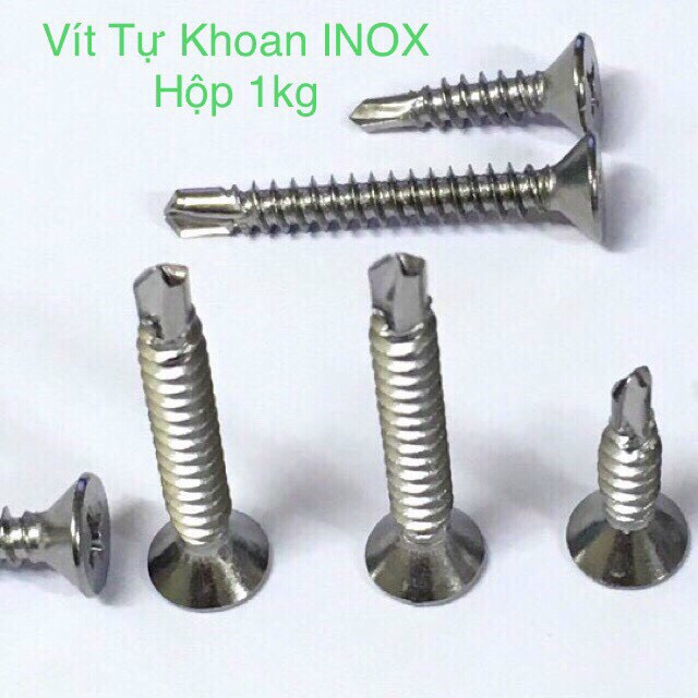 Hộp 1kg Vít inox SUS 410 tự khoan đầu dù - Đầu Chìm, phi 4 các độ dài