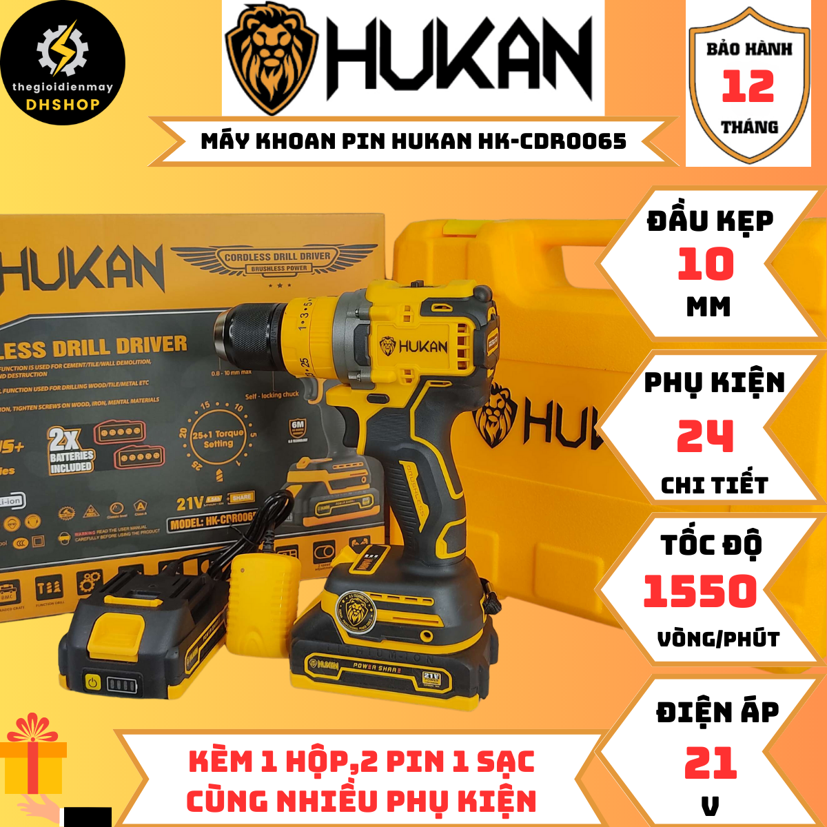 [CHÍNH HÃNG] Máy Khoan Pin HUKAN HK-CDR0065 -10mm. Không Chổi Than - Khoan pin 3 Chức Năng. Nhiều ph