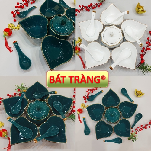 KHAY BÁT SỨ ĂN CHÈ BỘ ĐĨA ĐỰNG SÚP MÓN TRÁNG MIỆNG CAO CẤP VIỀN VÀNG ĐĨA SỨ BÁT TRÀNG HÌNH TRÁI TIM