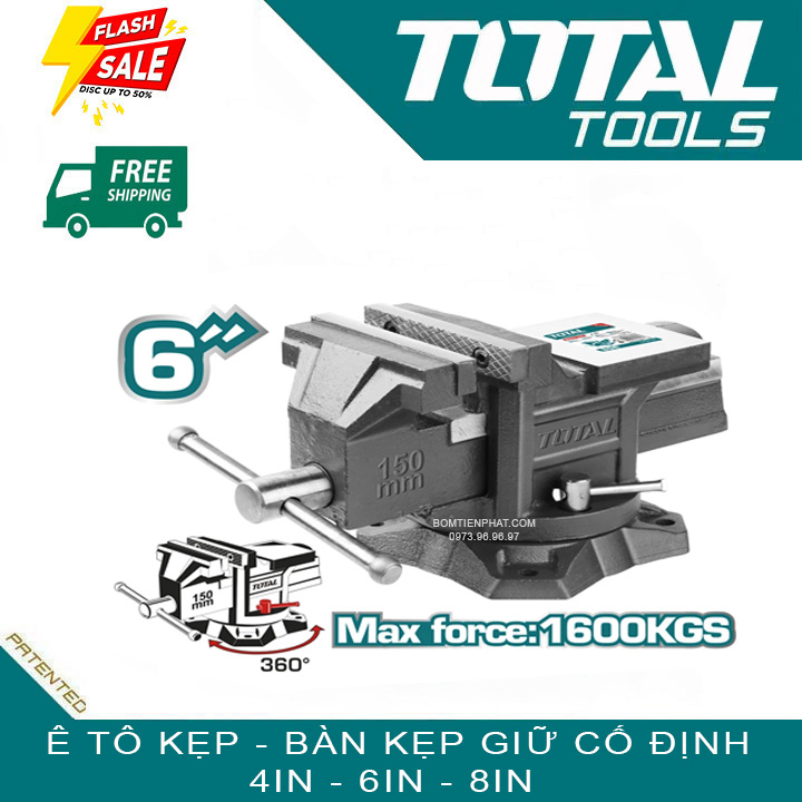 Ê tô kẹp 6IN siết giữ CHÍNH HÃNG TOTAL TOOLS WORLD THT6166 - Đế xoay, Kẹp siết cực mạnh 1600 KGS - Cố định để làm việc