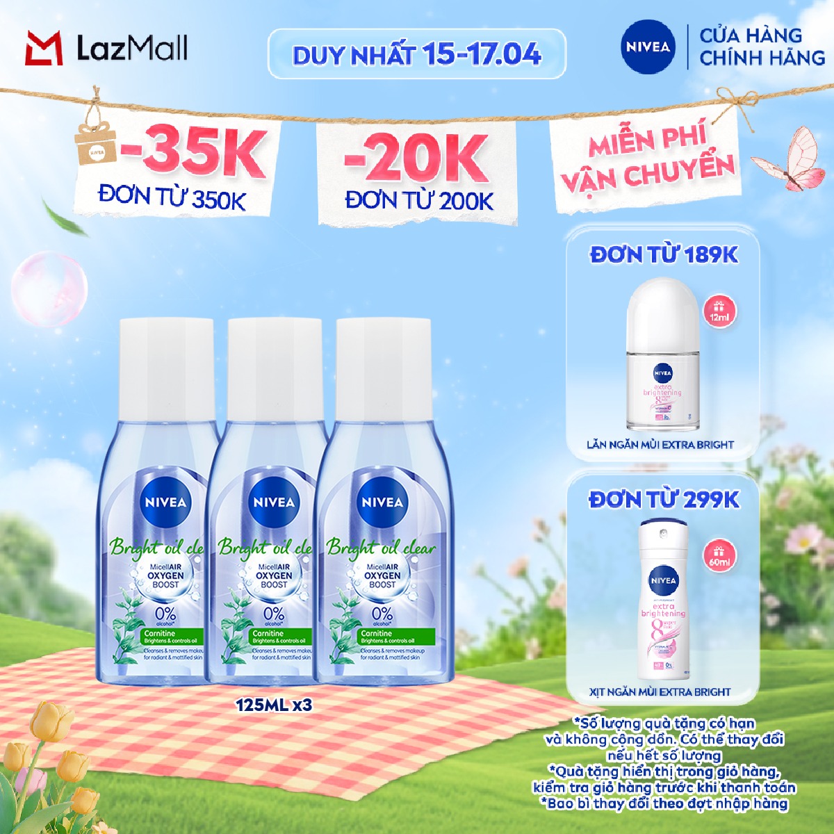 Bộ 3 Nước Tẩy Trang NIVEA Sáng Da Sạch Nhờn Bright Oil Clear Micellair Oxygen Boost Micellar Water (125 ml) - 86610x3