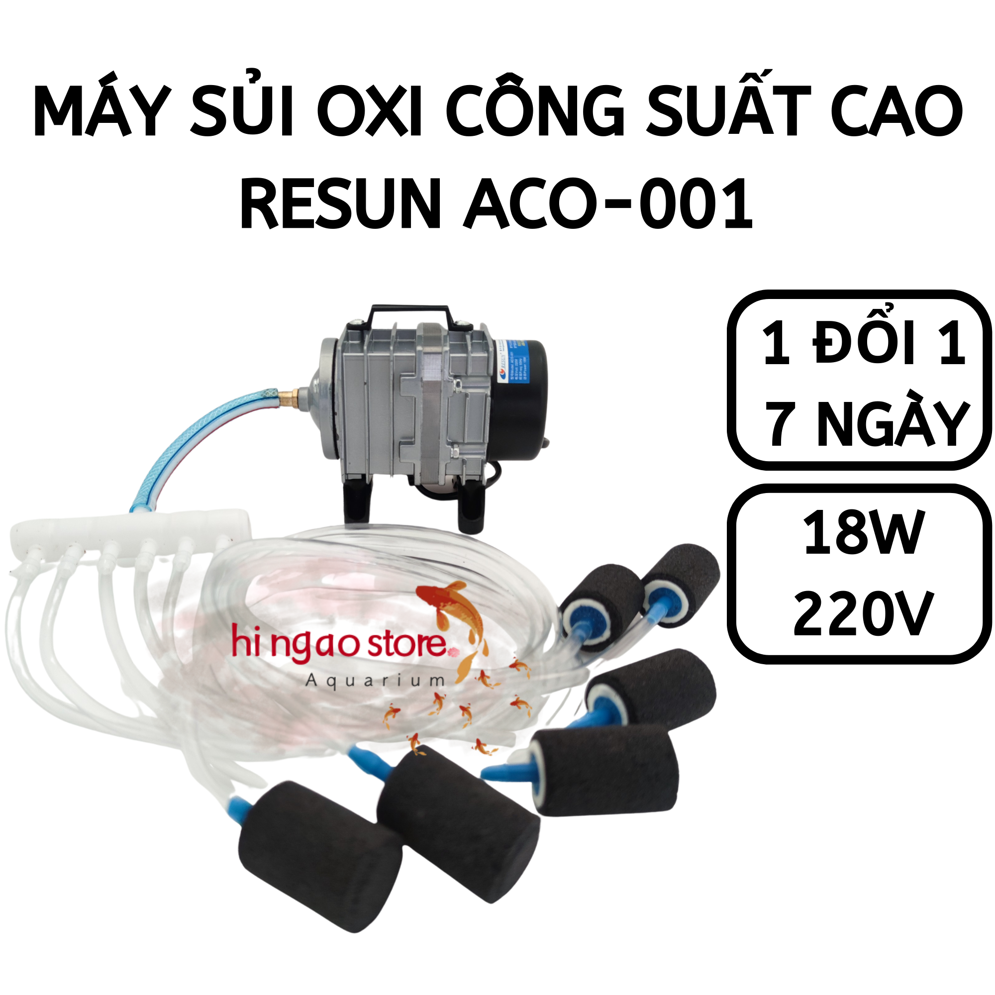 (BH 7 NGÀY) Máy sủi oxy 18W Resun ACO-001 công suất cao Máy sủi oxi, máy sục oxi, máy bơm oxi  - Phụ kiện cá cảnh | Hingaostore.