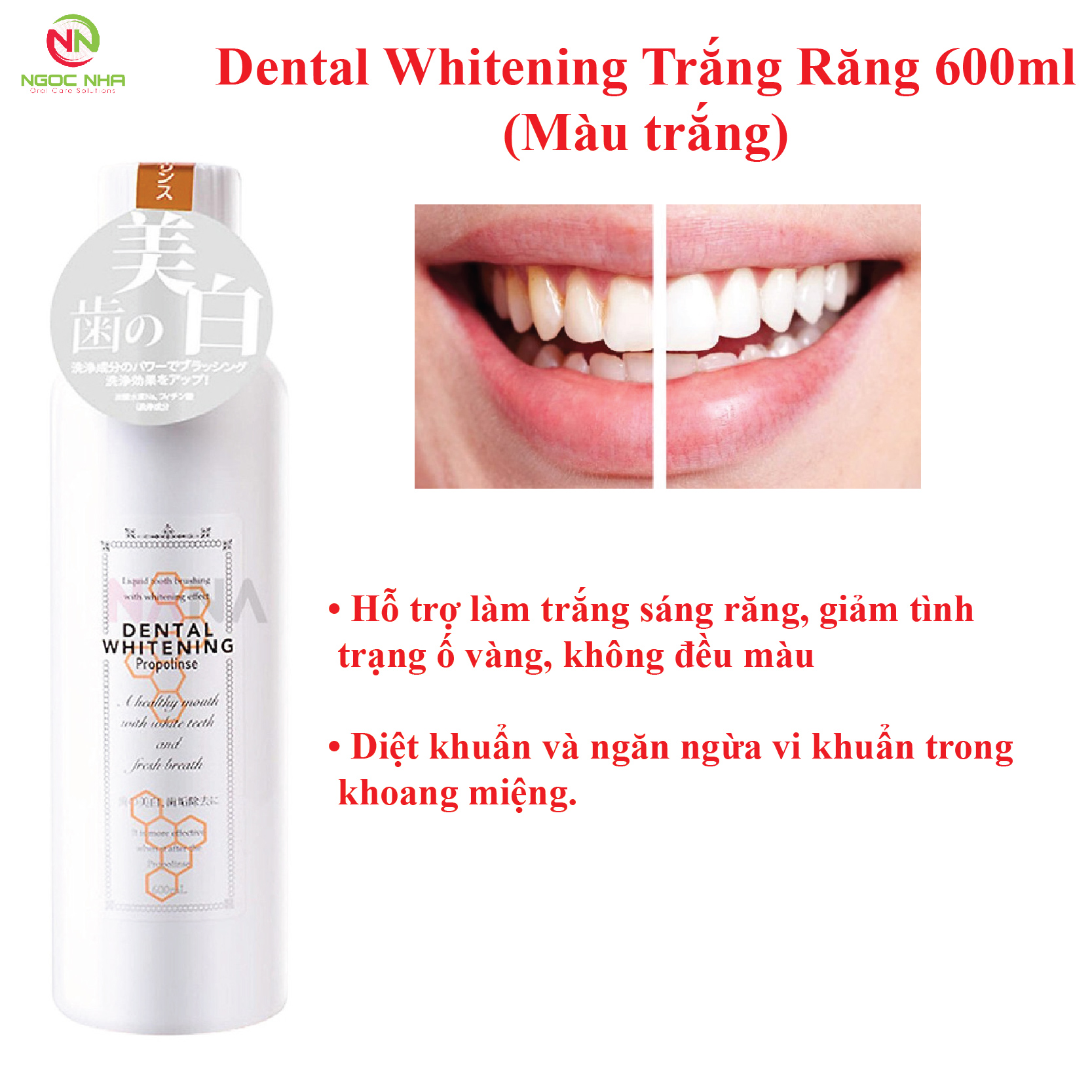 Nước súc miệng Propolinse Dental Whitening làm trắng răng 600ml không cồn
