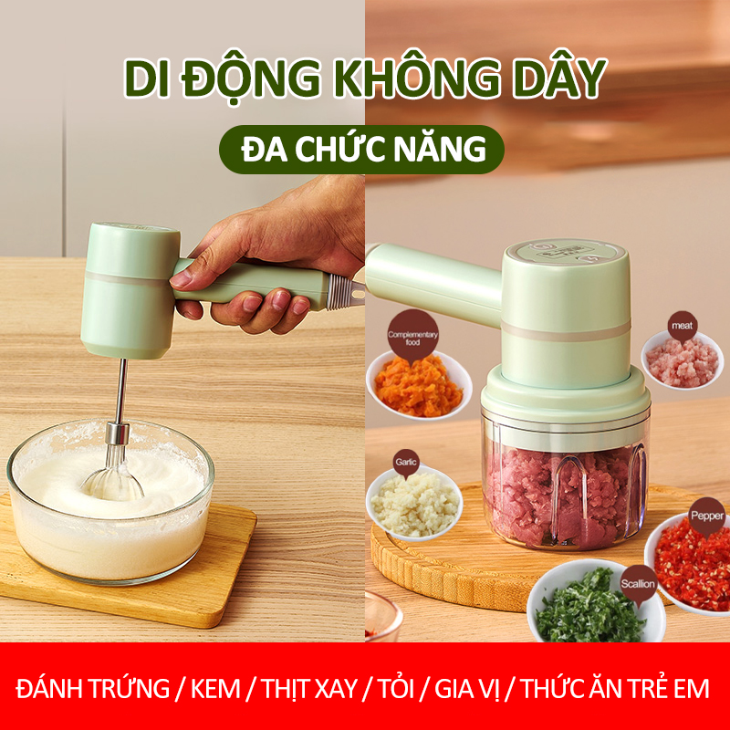 Máy Đánh Trứng Cầm Mini Tay 3 in 1 máy xay tỏi ớt mini, Đa Chức năng Máy Say Sinh Tố ,Máy đánh, Thịt,Máy Nhào Bột, Đánh Kem, Đánh Bọt,Có pin USB, Tốc Độ Cực Mạnh, 250ML