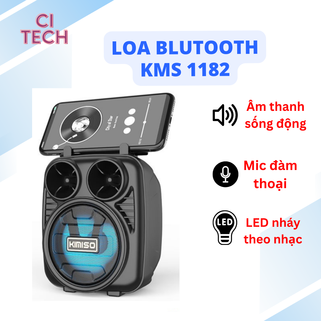 Loa bluetooth không dây kimiso km-1182 mini,có đèn led, nghe nhạc hay âm thanh chất lượng hỗ trợ cắm thẻ nhớ và usb