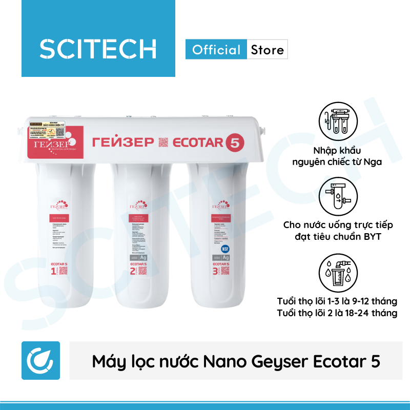 Máy lọc nước Nano Geyser Ecotar 5 - Tặng kèm 1 ly lọc thô và 2 lõi PP - Nhập khẩu Nga bảo hành chính hãng 3 năm toàn quốc