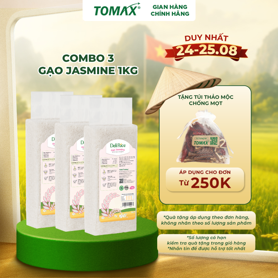 [ĐÃ VỀ HÀNG] Combo 3 túi Gạo Deli Rice Jasmine thơm dẻo mềm 1kg Tomax