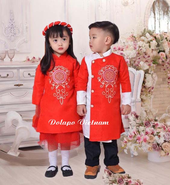 Áo Dài Cách Tân Cho Bé Trai, Bé Gái - Áo Dài Gấm Cao Cấp Thêu Họa Tiết 3D Sang Chảnh, Áo Dài Đỏ, Vàng Cho Bé Trai, Bé Gái Từ 12kg - 28kg