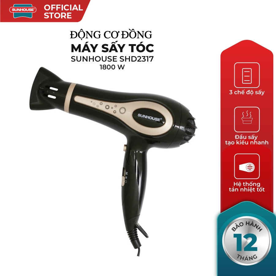 [CÔNG NGHIỆP 1800w ] Máy sấy tóc Sunhouse SHD2317 (Đen), 3 chế độ sấy , có sấy mát , 3 tốc độ ,