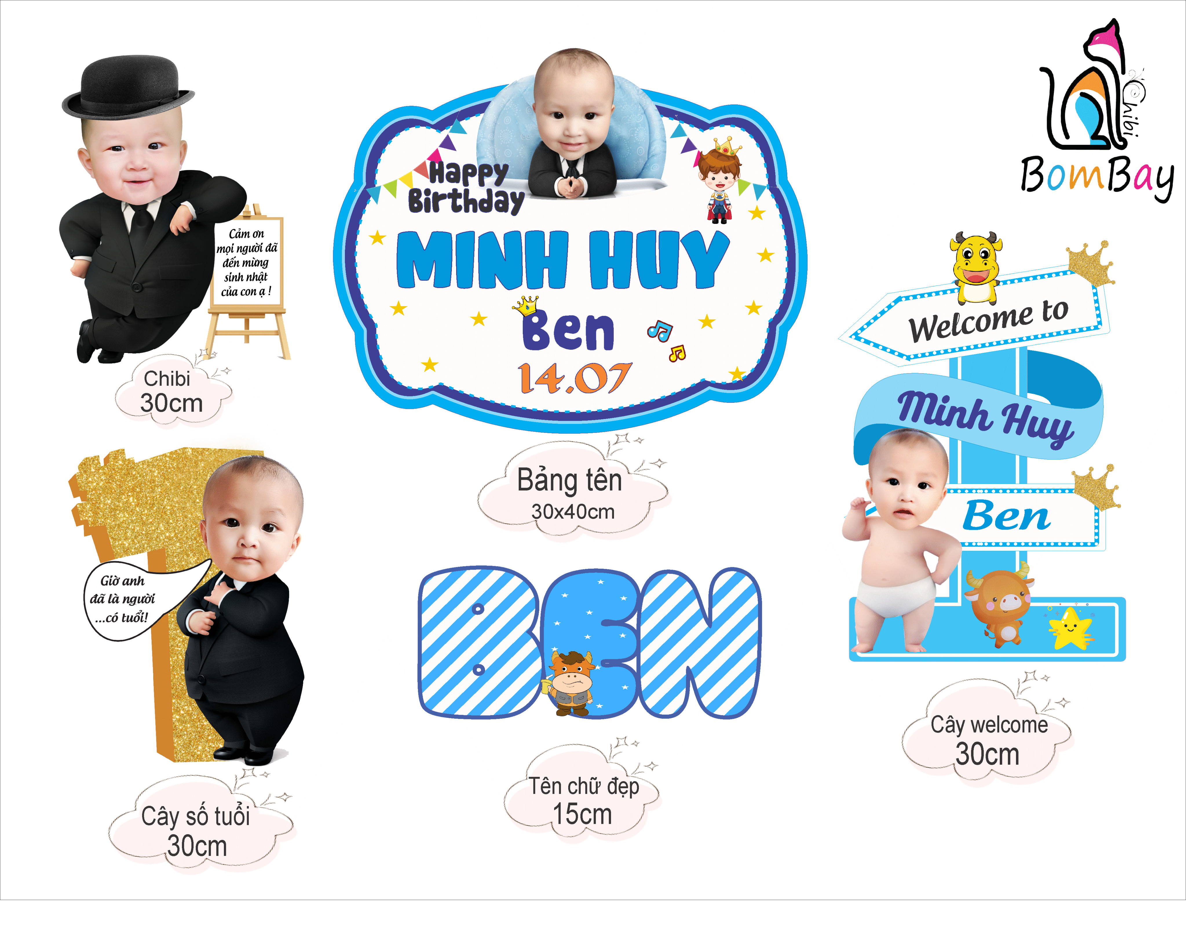 Set chibi để bàn Trang trí sinh nhật cho bé trai 1 tuổi- ib gửi thêm nhiều mẫu khác