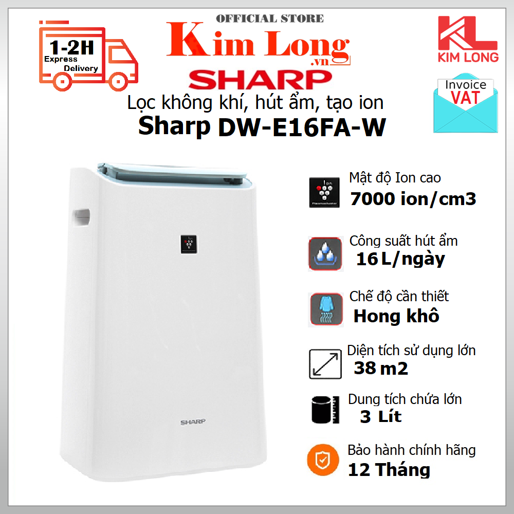 Máy hút ẩm lọc không khí Sharp DW-E16FA-W Diện tích lọc 38m2, Hút ẩm 16 lít/ngày, Plasmacluster ion - Bảo hành chính hãng 12 Tháng