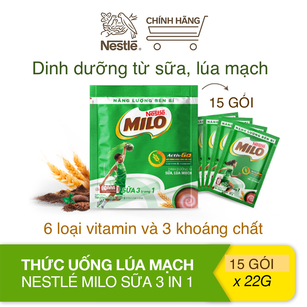 GIÁ CHỈ 66.000 Đ/BỊCH MỚI TIẾT KIỆM 15 GÓI x 22 G/GÓI MILO - THỨC UỐNG DINH DƯỠNG TỪ SỮA, LÚA MẠCH VỚI 6 LOẠI VITAMIN & 3 LOẠI KHOÁNG CHẤT CUNG CẤP NĂNG LƯỢNG BỀN BỈ CHO TRẺ VƯƠN XA