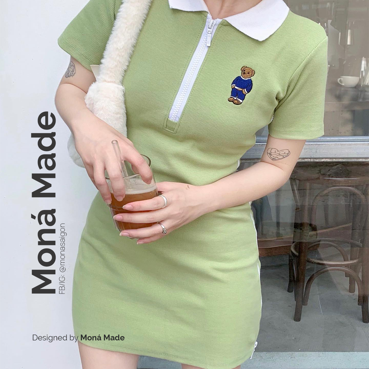 Moná - đầm polo dây kéo có cổ ôm body chất thun gân hàn quốc - cuncun dress - xanh bơ