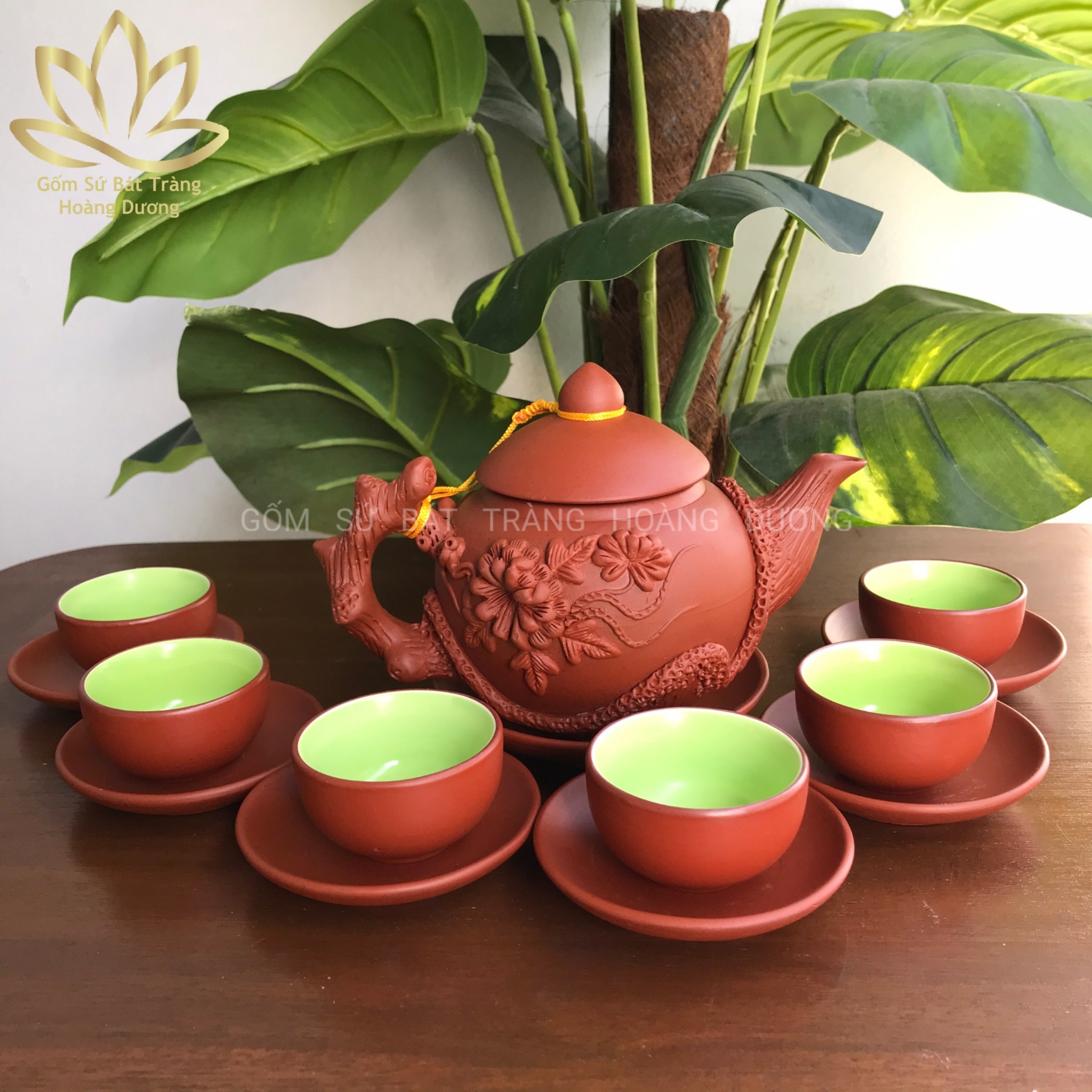 (Hàng nghệ nhân) Bộ ấm chén Bát Tràng đất nung tử sa hoa phù dung 400ml màu đỏ