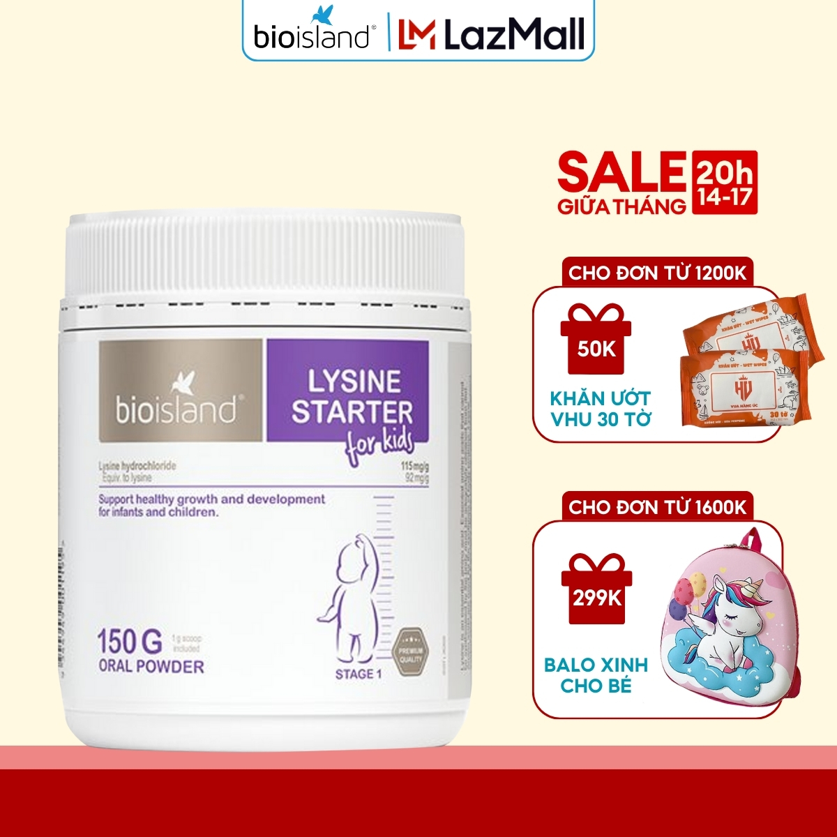 Bột Lysine tăng chiều cao Bioisland Lysine Starter 150g của Úc giúp bé phát triển cao lớn và khỏe mạnh