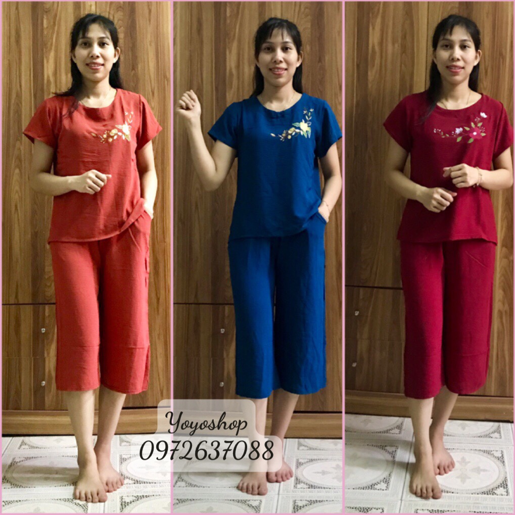 Đồ bộ trung niên đũi cho mẹ mặc nhà - Bộ ngủ người già cao cấp áo thêu hoa quần lửng
