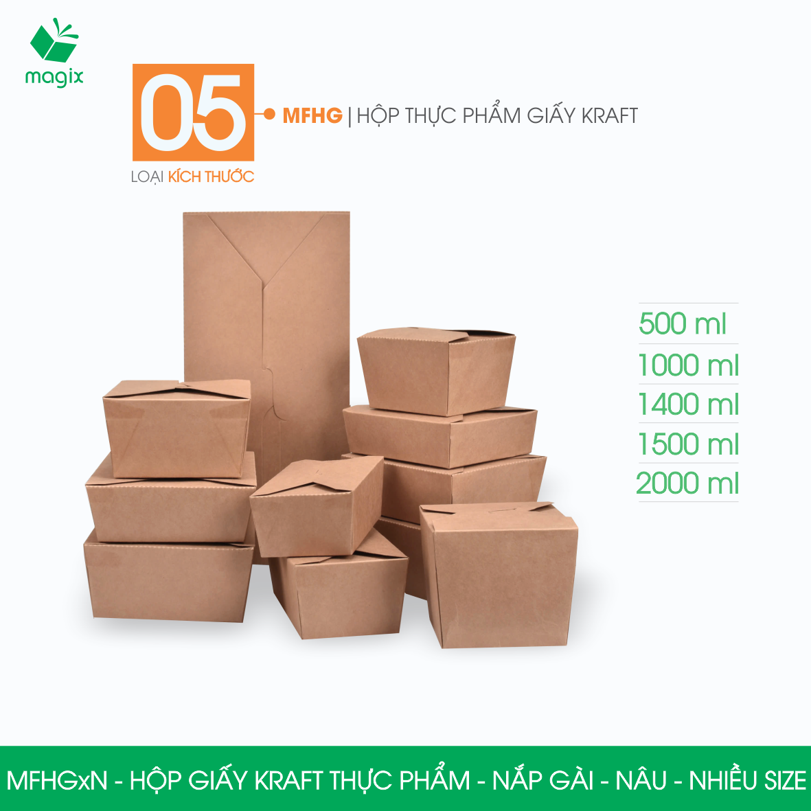 MFHG - Combo 25 hộp giấy kraft thực phẩm, hộp giấy nắp gập màu nâu đựng thức ăn, hộp giấy nắp gài gó
