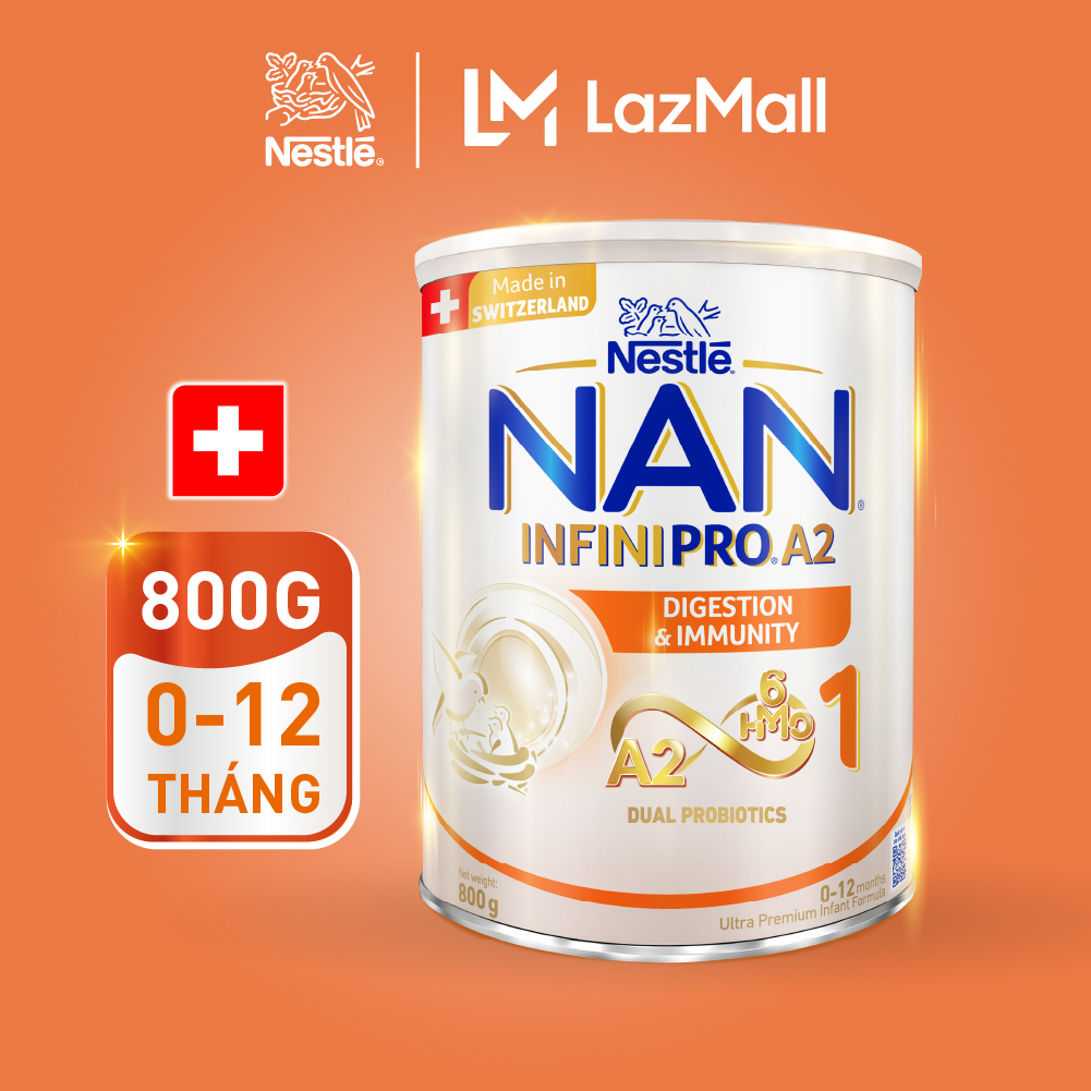 Sữa bột NAN INFINIPRO A2 bước 1 với công thức đầu tiên kết hợp giữa đạm quý A2 & 5HMO nhập khẩu Thụy Sĩ - Hộp 800g cho bé 0 - 12 tháng - Sữa công thức dinh dưỡng cho trẻ hỗ trợ tiêu hóa, đề kháng khỏe