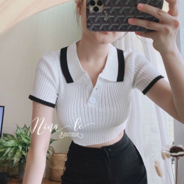 Áo thun croptop cổ trụ phối viền cực đẹp vi1 love 22