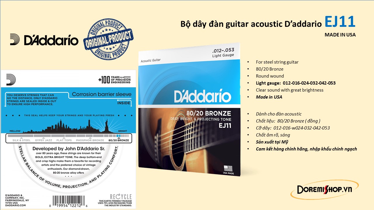 Bộ dây đàn guitar acoustic D’addario EJ11 - made in USA - Hàng nhập khẩu chính hãng chính ngạch