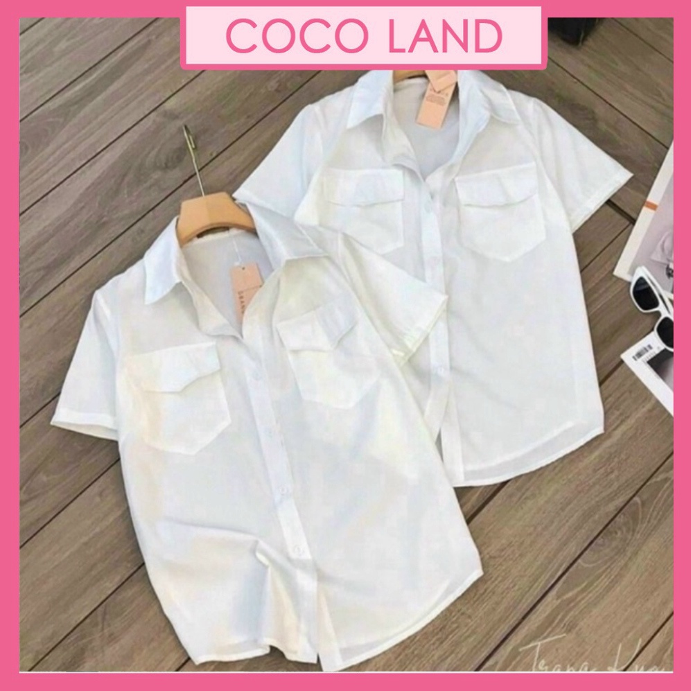 Áo sơ mi cộc tay 2 túi hot 2022 babydoll bánh bèo mầu trắng cá tính nặng động