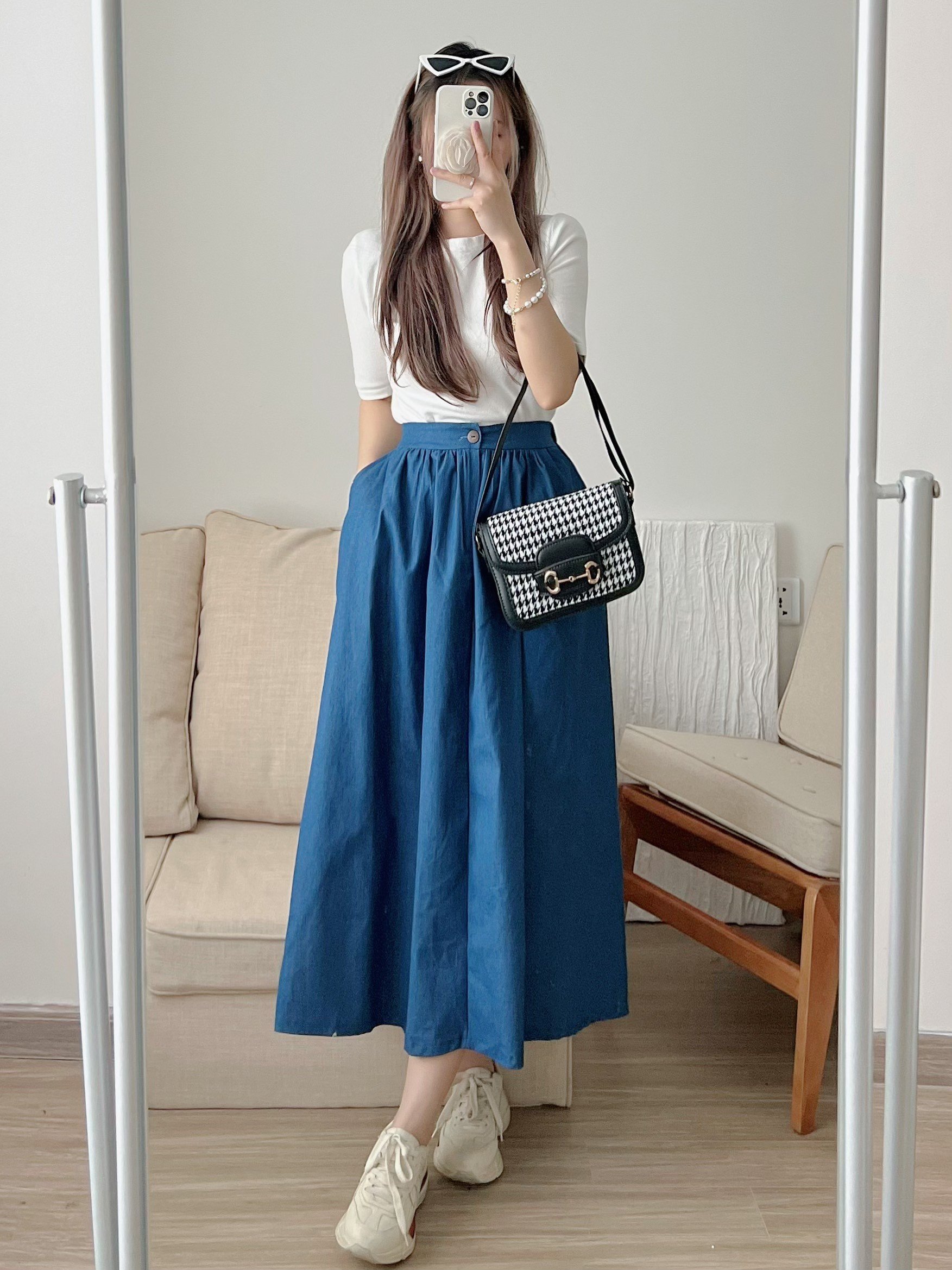 Chân váy jeans dáng dài form rộng cạp chun sau lưng