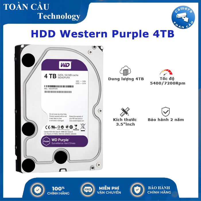 [HCM][100% CHÍNH HÃNH] Ổ cứng Camera HDD Western Purple 4TB tím (bảo hành 2 năm) - Camera Toàn Cầu