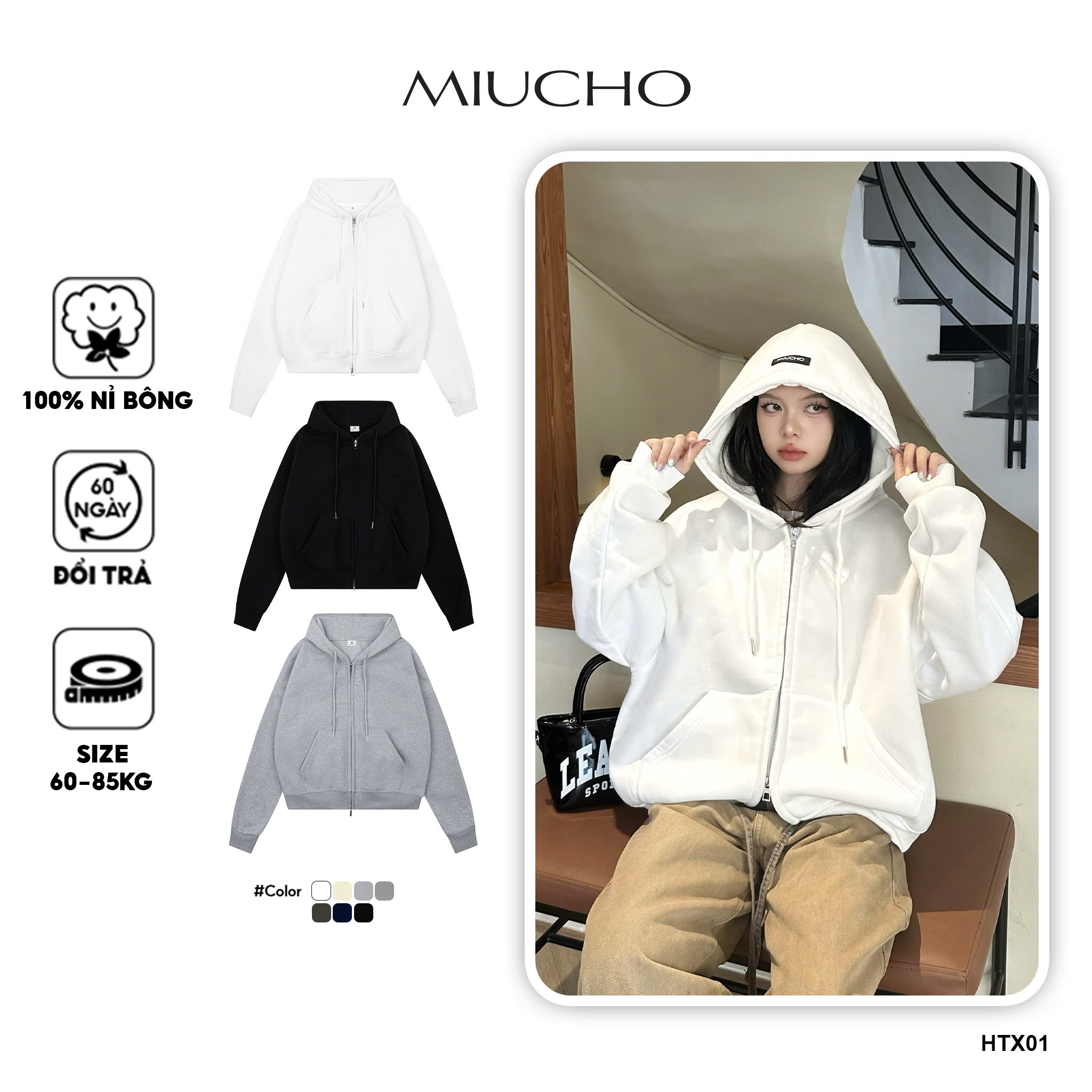  Áo hoodie zip unisex form boxy HXT01 Miucho vải nỉ bông dày dặn khóa kéo 
