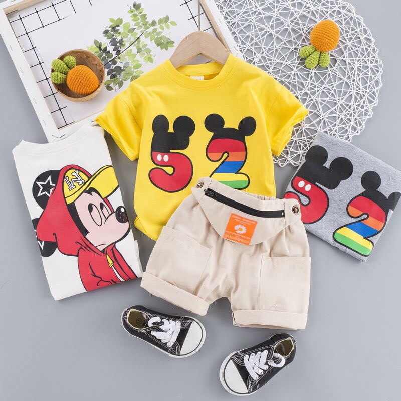 Set bộ quần áo cộc tay in hình mickey và quần short đáng yêu cho bé trai