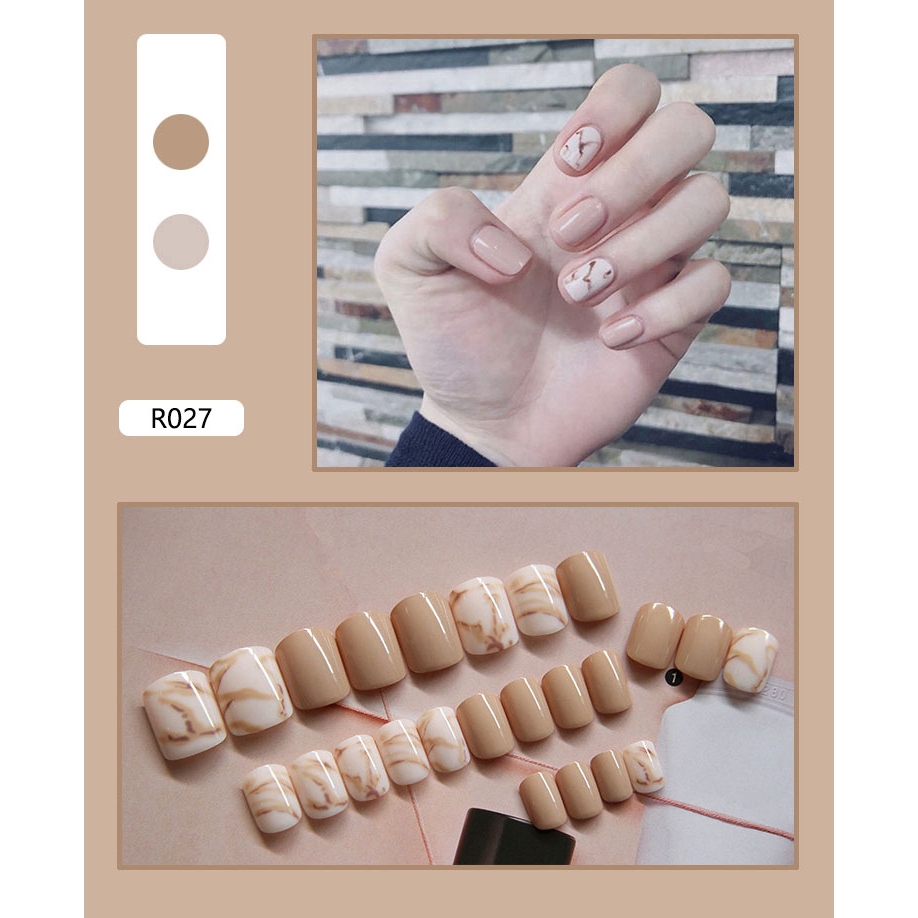Móng Giả Trắng Nude Vân Đá LCR027 - Móng vuông, Nails 24 móng kèm keo, tự dán móng tại nhà - Linh Cute Shop