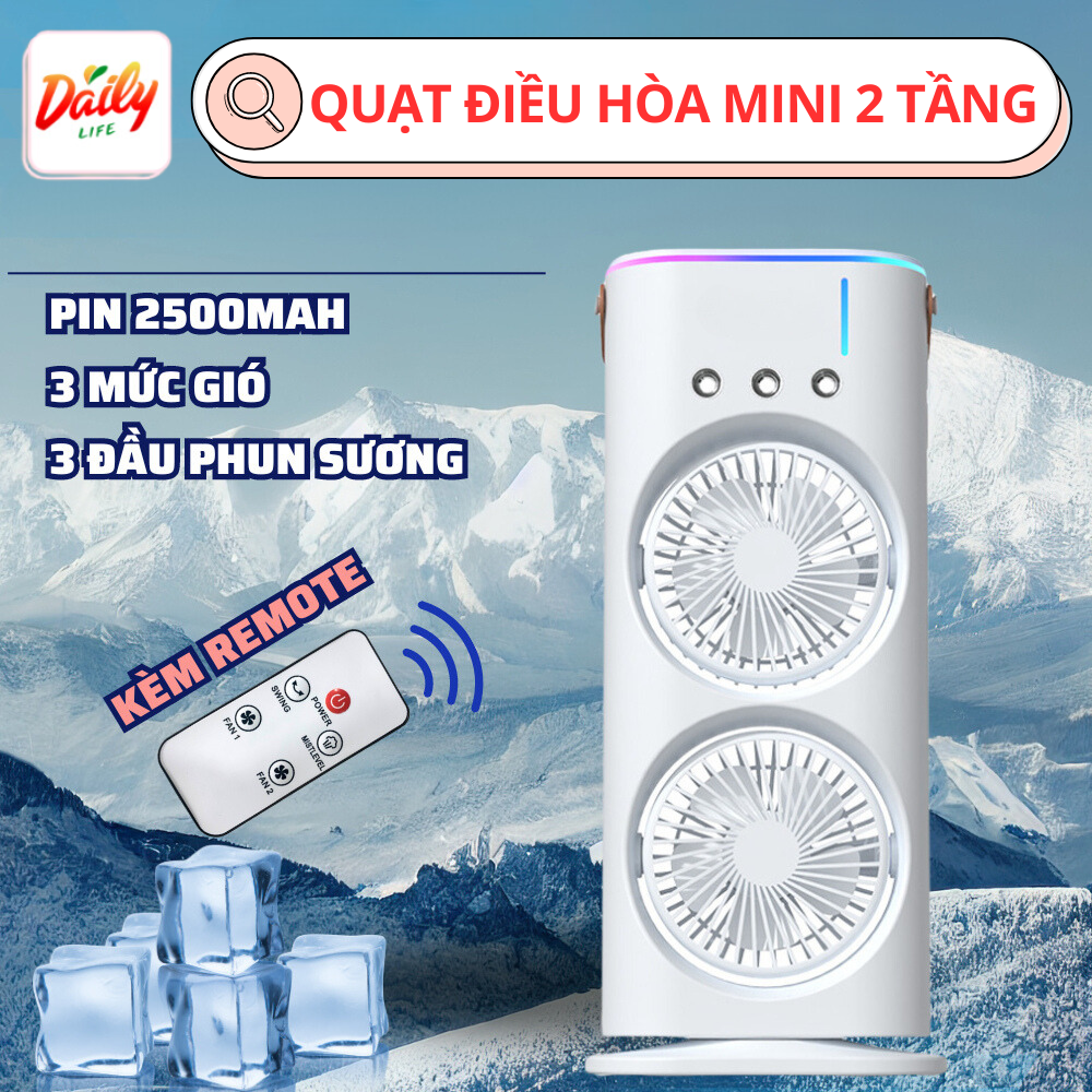 Quạt Điều Hòa Phun Sương Tích Điện , Quạt Hơi Nước Tích Hợp Đèn LED Với 2 Cánh Gió, 3 Đầu Phun Sương