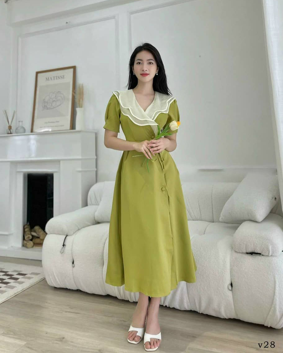 Đầm nữ kiểu dáng cổ cánh bèo ôm eo thiết kế kiểu trơn sang trọng thời trang HARI