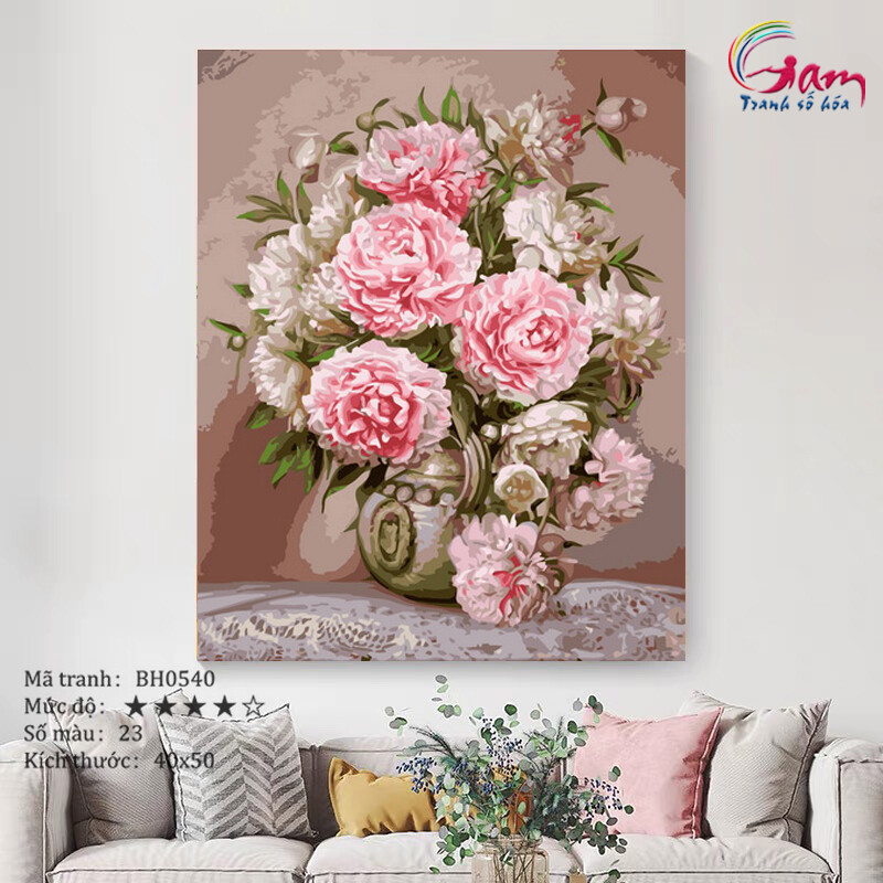 Tranh sơn dầu số hóa DIY tự tô màu Có khung bình hoa - Mã BH0540 Hoa mẫu đơn Tranh Trang trí Phòng khách Làm quà tặng Giảm Stress