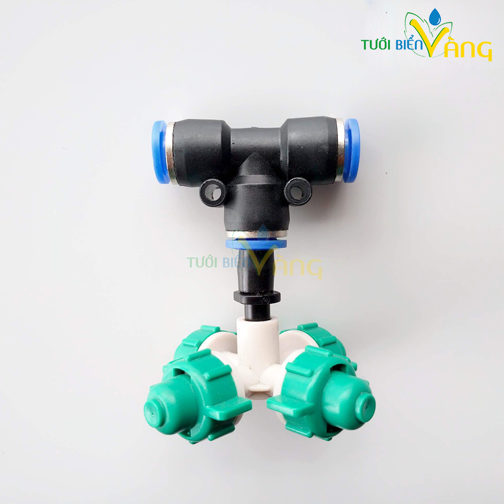 Béc tưới màu xanh 4 hướng kèm T nối ống 8mm chuyên tưới phun sương hoa lan vườn ươm tưới nấm