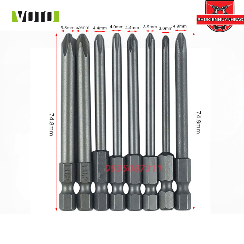 Bộ Mũi Vít Bake VOTO,Bộ Mũi Bake Chui Lục Giác Từ Tính Thép S2 Các Cỡ