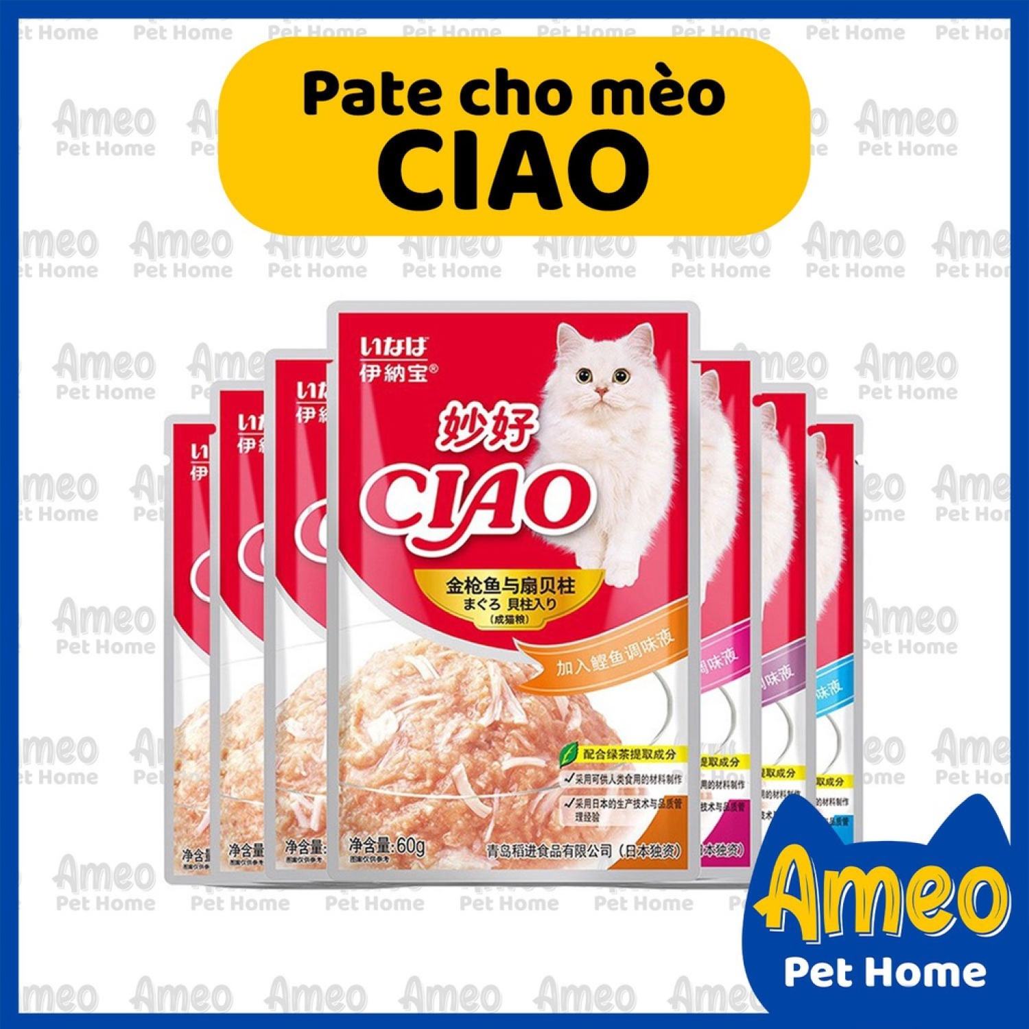 Pate ciao cho mèo, pate mèo ciao gói 60gr đủ 6 vị mlem