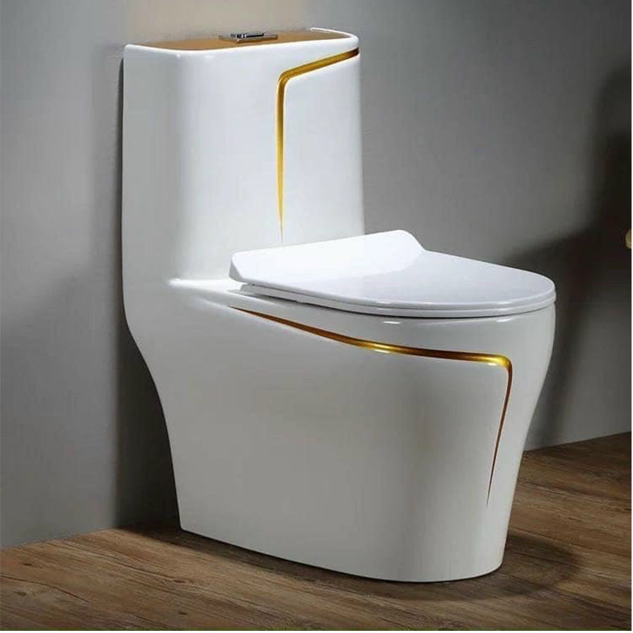 Bồn cầu 1 khối trắng viền vàng xã xoáy, bồn cầu khối men nano,bồn cầu nguyên khối 2 chế độ xã, bàn cầu màu trắng giá rẻ HATAK HA-105