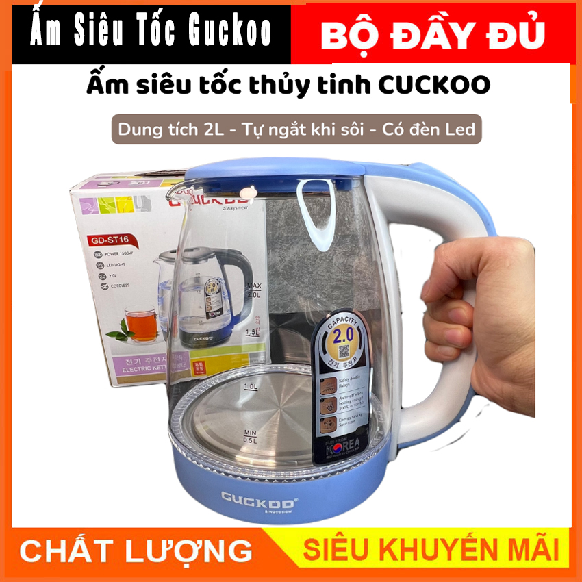 Ấm siêu tốc thủy tinh cuckoo cao cấp - bình đun siêu tốc thủy tinh cao cấp 2.0l, công suất 1500w, bình siêu tốc trong suốt, cường lực, đèn led, tự ngắt khi sôi, bình siêu tốc, ấm đun nước siêu tốc, ấm đun nước