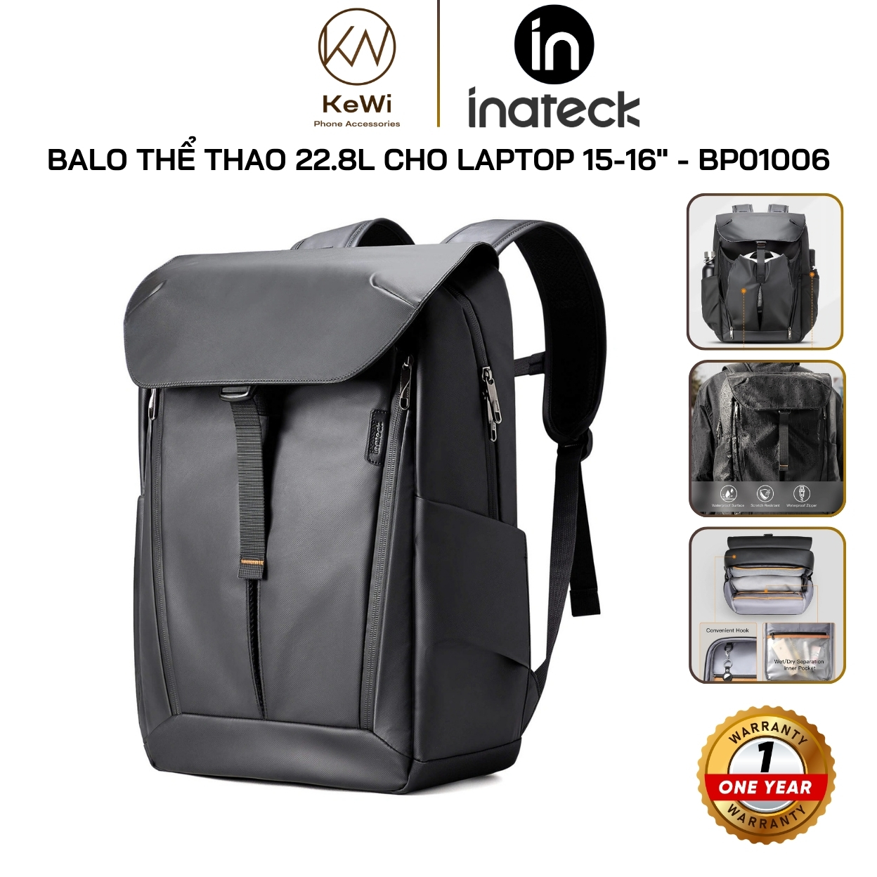 Balo Thể Thao Inateck Basketball BP01006, Dung Tích 22.8L, Ngăn Mở Rộng Mũ Bảo Hiểm, Laptop 15-16 inch