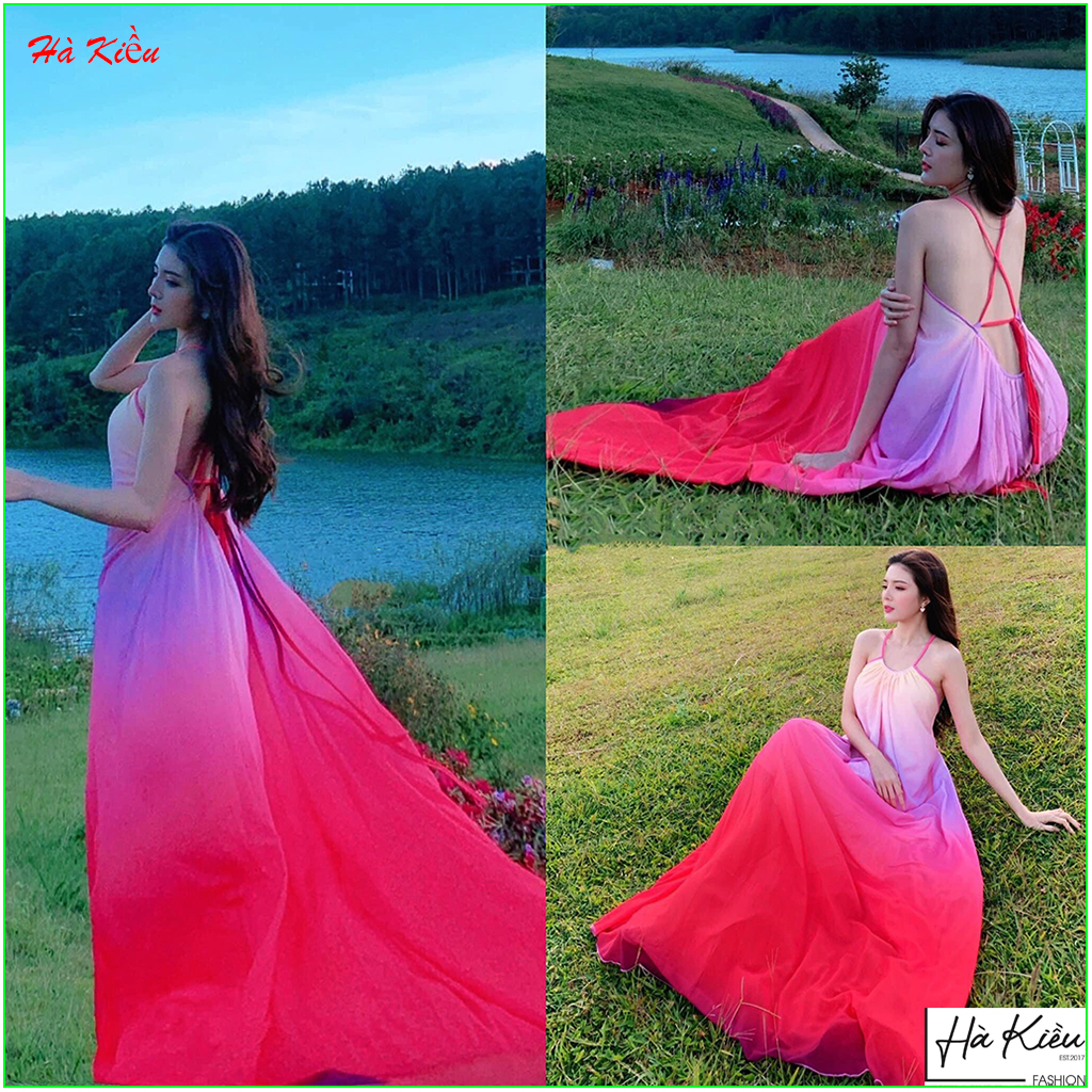 Đầm váy maxi loang màu đi biển màu hồng sang trọng chụp hình sống ảo siêu xinh Hà Kiều MSP397 chất liệu Voon cao cấp mát mẻthoải mái